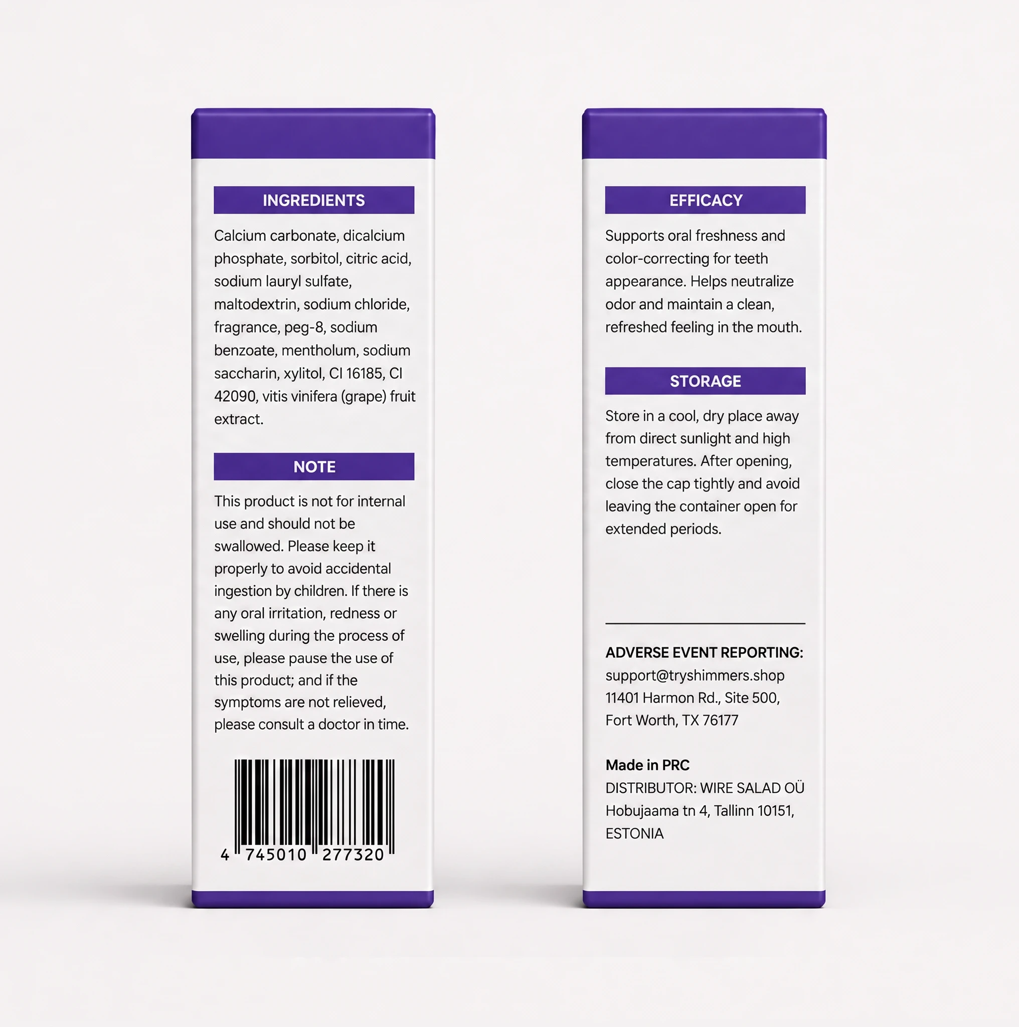 SHIMMER ingredients, usage and storage information