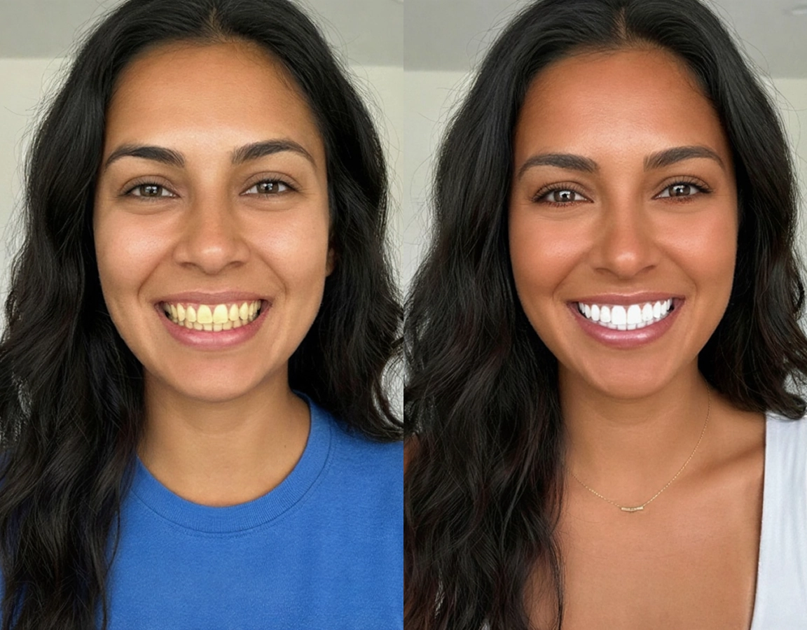 The same person's teeth before whitening on day 1 and noticeably whiter on day 7
