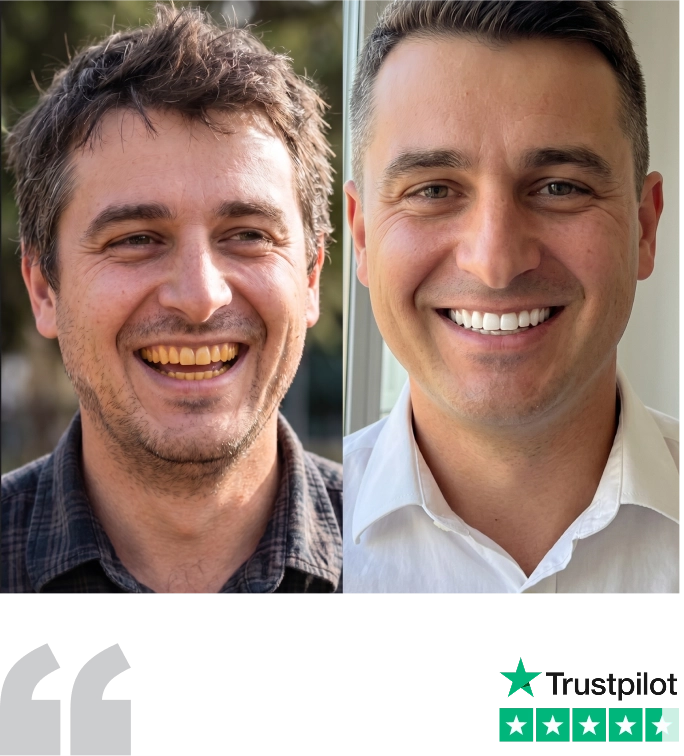 Daniel's whiter teeth after using SHIMMER, with his 5-star Trustpilot rating