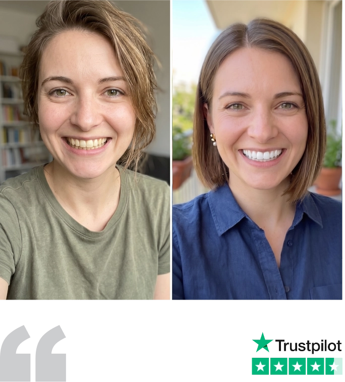 Emma's whiter smile after using SHIMMER, with a 5-star Trustpilot rating